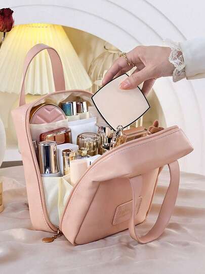 1 st handhållen sminkväska i PU-läder, vattentät sminkväska i PU-läder, bärbar rese-necessär, perfekt sminkförvaringsväska, rese-necessär med stor kapacitet, multifunktionell rese-necessär, stor kapacitet med fack, oumbärlig för resor och festivaler