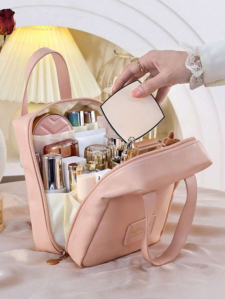 1pc Handheld PU Leather Makeup Bag, Waterproof PU Leather Makeup Bag, Portable Travel Toilet Bag, Perfect Makeup Storage Bag, Large Capacity Travel Toilet Bag, Multi Functional Travel Toilet Bag, Large Capacity Toilet Bag With Compartments, Essential For Travel And Festivals - Multicolor - View 1