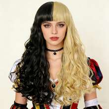 Women's Long Curly Color Split Wig With Bangs, Heat Resistant Synthetic Hair With Fringe, Anime Cosplay Holiday Party Costume Wig, High Density Natural Looking Wig For Daily Wear Comic Con Exhibition, Comfortable Durable Beginner-Friendly Festive Accessories, Christmas Birthday Gift For Women High Density Hair Replacement Wig(Black/Yellow & Black/Rose-Red) - Multicolor - View 13