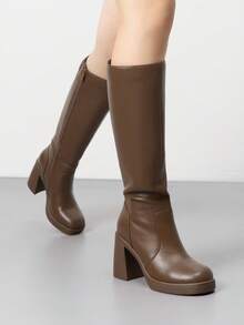 Athlefit Women's Black Knee High Boots Platform Tall Boots Fashion Square Toe Chunky Heeled Booties - 譚 - 查看 5