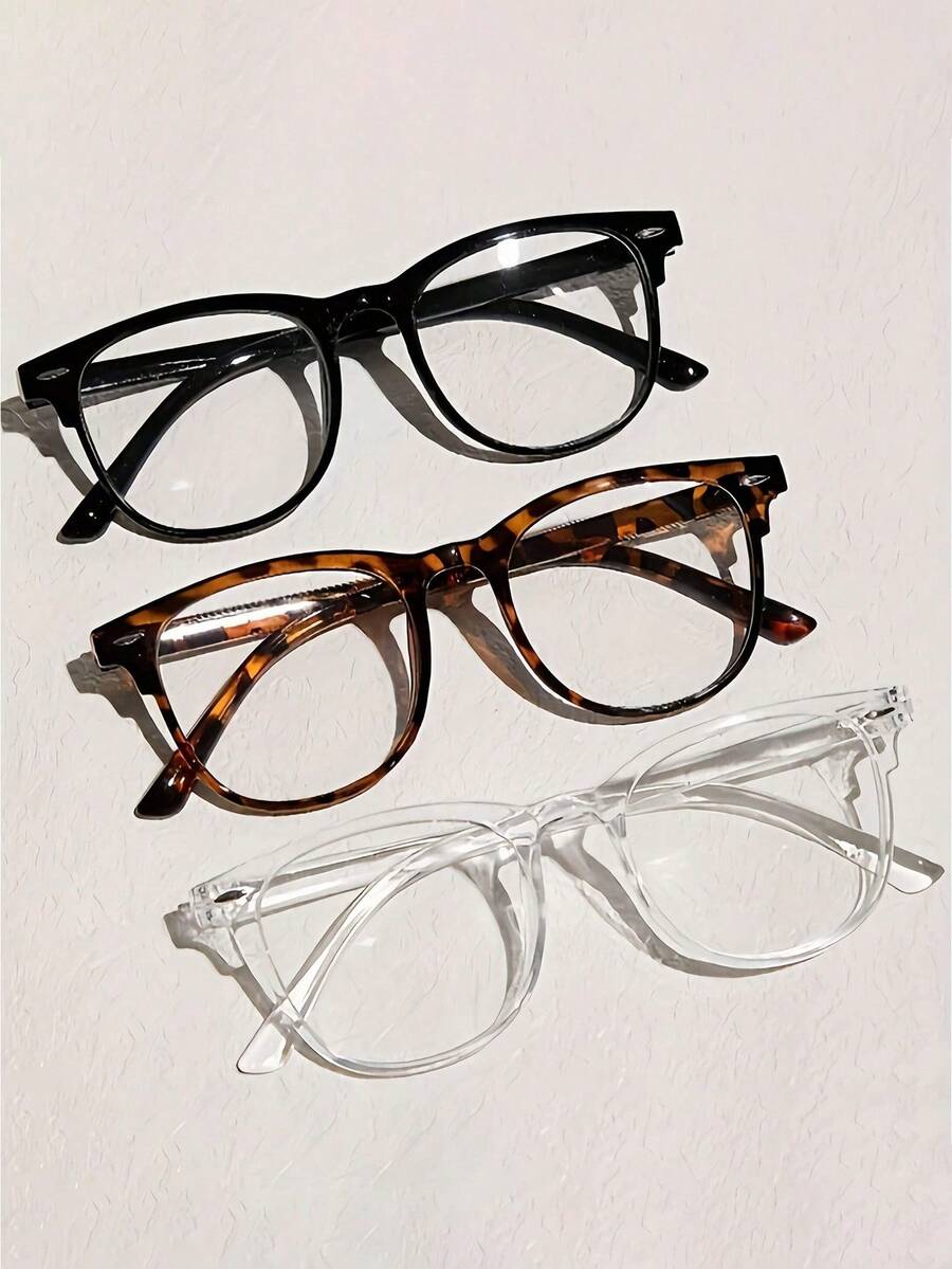 3-Pack Minimalist Plain Glasses Set – Transparent, Black & Tortoiseshell Frames, Unisex Fashion Decorative Eyewear - 黑色+透明+玳瑁色 - 查看 1