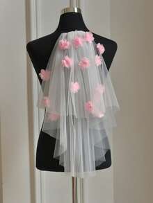 浪漫粉色花卉新娘头纱，求婚头纱