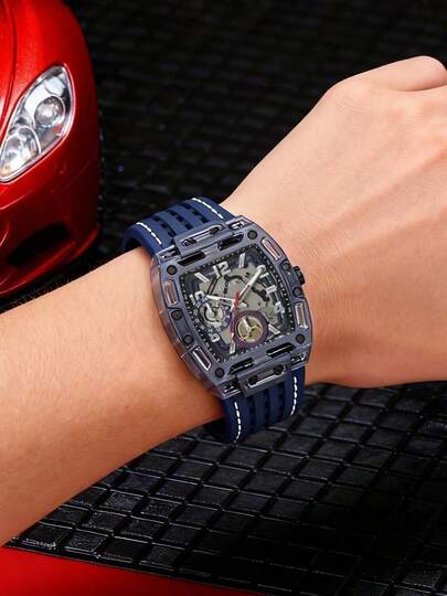 Guess Phoenix Series Men's Navy Blue Hollow Multifunctional Quartz Watch, European And American Luxury Wristwatch, Street Sports Casual Men's Watch, Personalized Barrel-Shaped Silicone Strap Fashion Accessory, Brand Gift, Original Watch Box GW0499G1