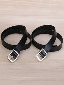 2pcs Men's Square Buckle PU Leather Casual Belt, Black, Fashion - Black (2 Pieces) - View 3