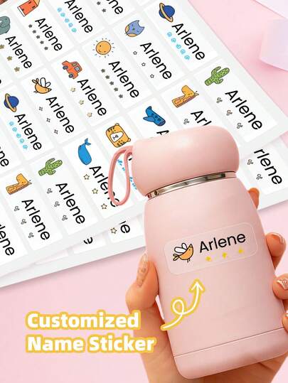 1-240pcs Custom Name Stickers - Personalized Stationery Stickers, Clear Waterproof Oilproof Stickers, Cute Cartoon Pattern Reusable No-Iron Name Tags, Perfect For School, Home, Office, Student Dorm Storage, Daycare, Summer Camp, Ideal For Pencils, Erasers, Pencil Cases, School Supplies, Water Bottles