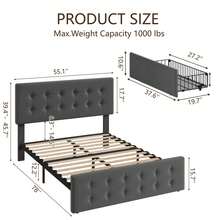 Cama Tipo Plataforma con Cuatro Cajones y Buró, Tapizada en Lino y Base con Láminas de Madera, No Necesita Colchón de Resortes - Gris - Ver 4