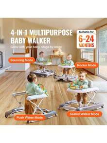 4-In-1 Baby Walker, Foldable Baby Activity Center With Wheels, Adjustable Height, Light, Steering Wheel, Learning-Seated, Walk-Behind, Toy Car, Rocker Toddler Walker For Boys Girls 6-24 Month - 灰色 - 查看 2