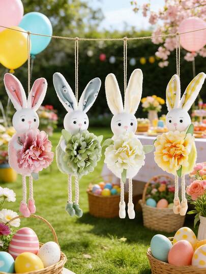 1pc 8.66 Inch Colorful Standing Easter Bunny With Faux Flower Decor, Suitable For Living Room Fireplace Decoration, Easter Gift, Easter Floral Party Decor, Spring Decoration, Easter Craft, Easter Party Favor Filler, Indoor Home Decor, Outdoor Garden Decoration