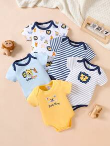 5-Piece Baby Triangle Jumpsuit, Cotton Cartoon Animal Print Men's Baby Jumpsuit, Wrapped Bundle, Boys' Baby Clothes For Outdoor Use, Daily Home Wear. - 淺藍色 - 查看 10