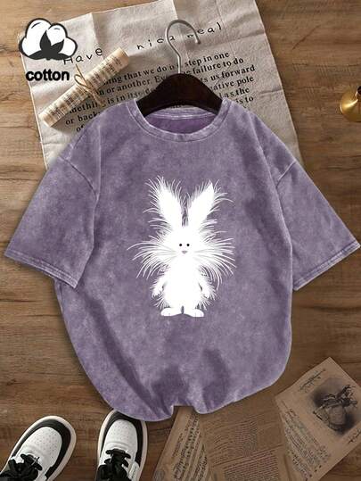 Plus-Size Women's Cute And Fluffy White Rabbit Pattern T-Shirt, Fresh And Stylish, Perfect For Easter. A Vintage-Style Women's Short-Sleeved T-Shirt, Ideal For Spring And Summer Daily Wear, Commuting, And Casual Occasions. A Versatile Design For Spring Celebrations And Easter, With A Sporty And Look. Simple, Washed, Round-Neck Comfortable Top.Curvy Curvy Plus Size Clothes