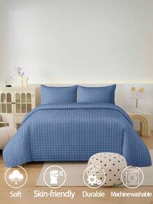 Bộ 2/3 món ga trải giường họa tiết caro màu xanh nhạt, mềm mại, thoáng khí, không nhăn, giúp ngủ ngon hơn, phong cách khách sạn sang trọng, quà tặng cho mẹ, bố, bạn bè, chăn bông hai màu có thể đảo mặt *1 vỏ gối *1/2 cỡ King, Queen, Full, Twin - Màu xanh bụi bặm - Xem 5