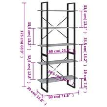 vidaXL Biblioteca 5 ebenex Sonoma cinza 80x30x175 cm - Cinza - Ver 9