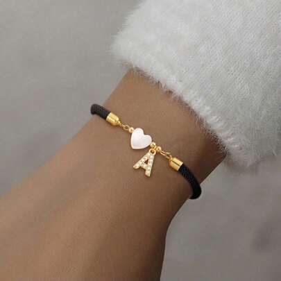 1条 A-Z 字母心形可调节绳手链 女士