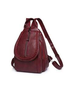 Fashionable PU Leather Retro Flap Backpack, Multi-Layer Shoulder Bag With Various Carrying Ways, Suitable For Back To School Students - Burgundy - View 3