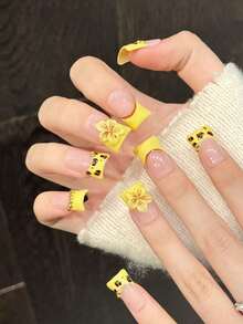 10Pcs Glossy False Nails With Sakura Decor Yellow Edge Press On Nails For Wedding Party Festival Daily Wear Nail Supplies - Multicolor - View 2