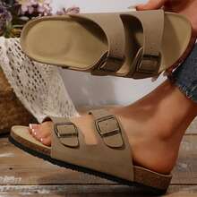 Womens Flats Sandals Adjustable Buckle Slippers Comfort Slides For Women Soft Flat Open Toe Summer Footwear Shoes - 駝色 - 查看 3