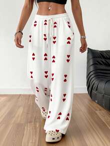 Quần ống rộng in hình trái tim trắng, quần thể thao thoải mái, cạp chun có dây rút, thích hợp cho ngày Valentine. - Đỏ - Xem 7