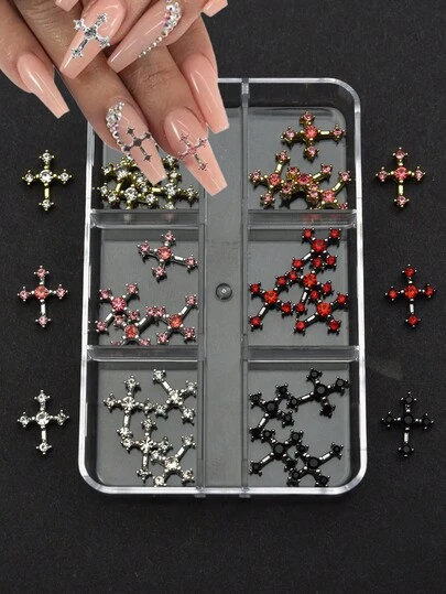 30pcs Y2K Gold Silver Black Cross Nail Decorations Set With Rhinestones Alloy Nail Art Charm Accessories For Manicure DIY Styling