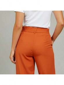 Tailored Pantacourt Trousers, Plain, High Waist, With Bow And Knot Pocket - 2條裝橘色褲子 - 查看 4