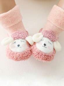1pair Baby Girls' Thickened, Cute, Anti-slip Floor Socks In Pink With Cartoon Pattern - Pink - View 2