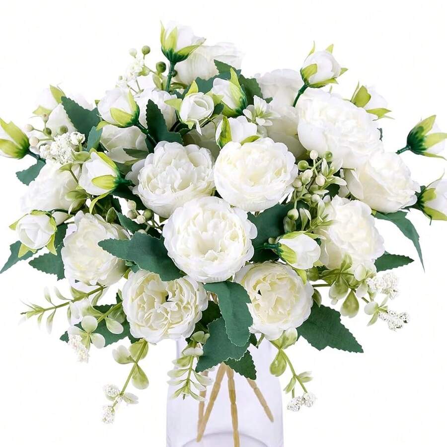 Floweroyal 4 Bunches Peony Artificial Flowers White Flowers Silk Peonies Bouquets For Wedding Party Table Centerpieces Floral Arrangement Home Kitchen Decor. - White-4pcs - View 1