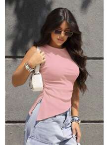 Women's Asymmetrical Tank Top With Ribbed Cuffs And Ruching. - Rosa Pálido - Ver 1