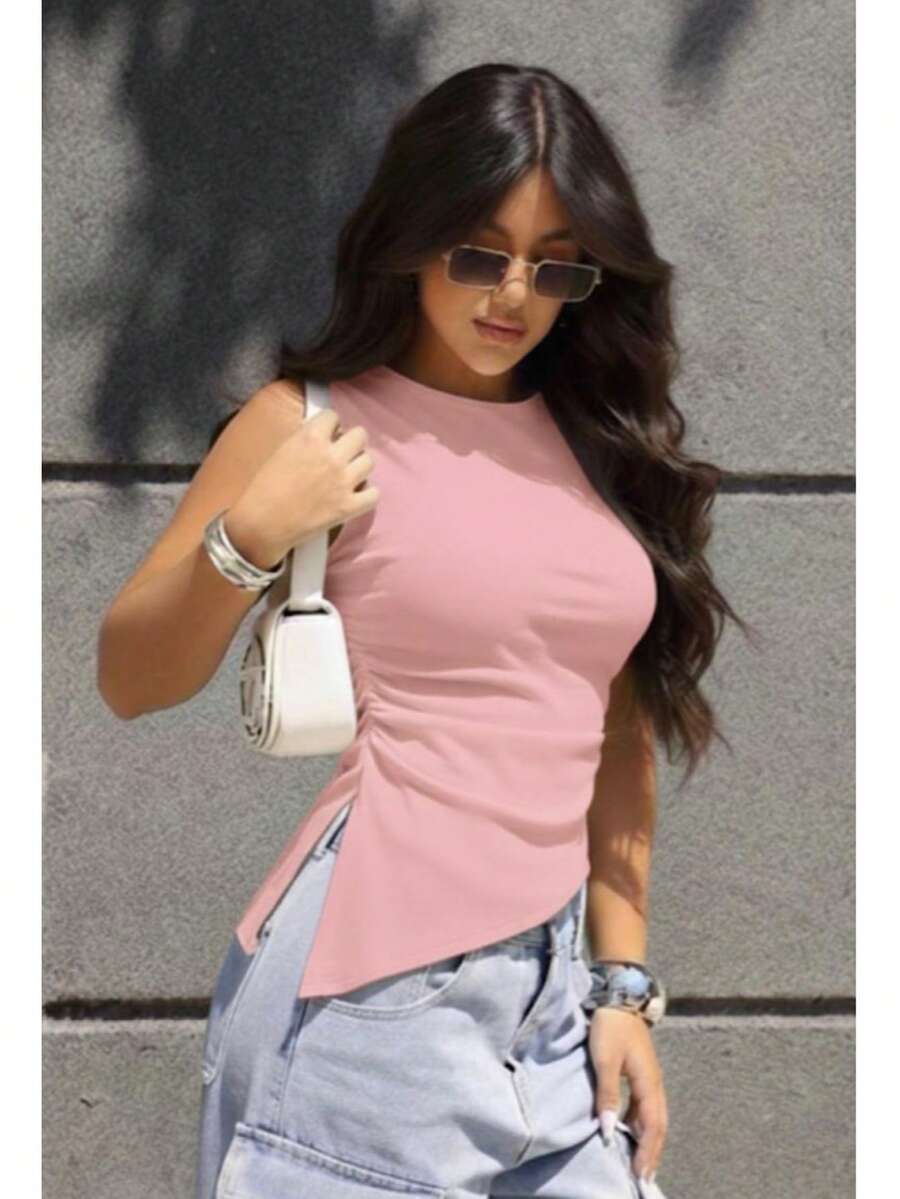 Women's Asymmetrical Tank Top With Ribbed Cuffs And Ruching. - Rosa Pálido - Ver 1