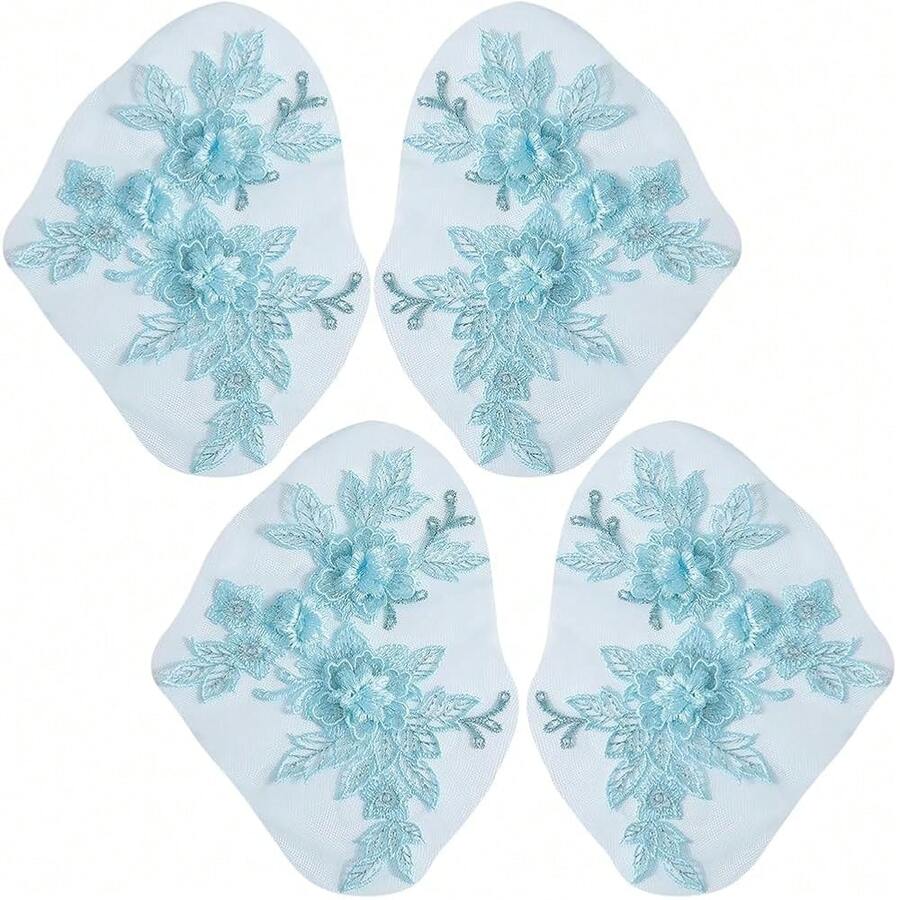 [Free Shipping]4Pcs Light Blue Floral Lace Applique Polyester Flower Embroidery Sew On Tulle Patches Vintage 3D Embroidered Soild Appliques For Sewing MaFKing Dresses Crafts Wedding Costumes Bridal Supply - LightBlue - 查看 1