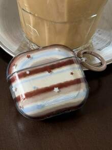 复古透明蓝棕条纹星形图案 Pro 3 耳机保护套，柔软保护套，兼容苹果 4/2 无线蓝牙耳机，Pro 新款 3/2 代，韩版 - 彩色 - 查看 2