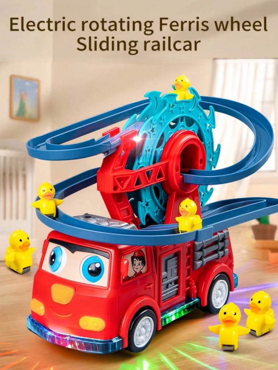 2-In-1 Electric Track Sliding Car Toy, Automatic Obstacle Avoidance Fire Truck Toy - With Music, Lights, Race Track, Ferris Wheel Interactive Toy Set (Batteries Not Included), Suitable For Children 3 Years Old And Above, Suitable For Boys And Girls 3-4-5 Years Old, Christmas, Halloween, New Year, Birthday Gift