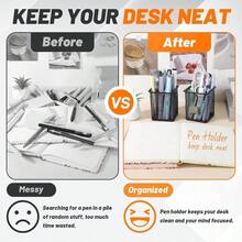 Square Pen Holder, 3 Pack Black Pen Holder Desk, Metal Mesh Pencil Cup Container Desktop Accessories Organizer Office, School, Home, Brush - Black + 3 Pack - View 5