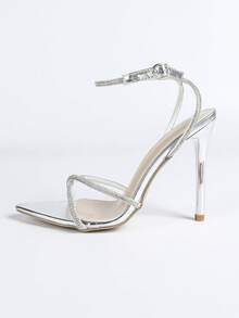 法式夏季女士绑带凉鞋，新款百搭露趾水钻交叉绑带性感法式时尚细高跟凉鞋 - 銀色 - 查看 6