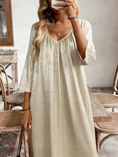 Nueva serie de moda Keke Bloomly, vestido de mujer de unicolor con cuello en V, lavable a máquina, cómodo para todas las estaciones