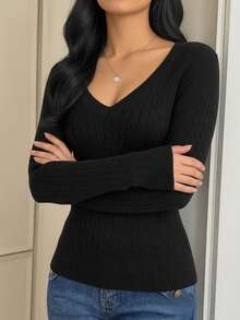 韩版优雅V领绞花针织女式毛衣，2026新款高品质休闲简约纯色套头衫 - 黑色 - 查看 2