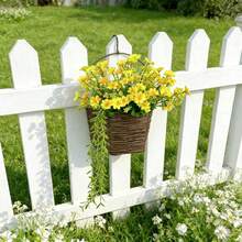 Artificial Flower Basket Realistic Faux Daisy Front Door Wreath Fake Hanging Floral Decorations For Farmhouse Home Holiday - 黃色 - 查看 3