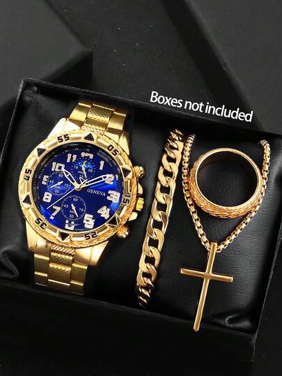 Juego de 4 piezas de joyería con cruz para hombres, incluye reloj de esfera redonda de aleación extra grande, adecuado como regalo para padres, parejas, Día de San Valentín, Día del Padre