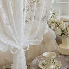 1pc French Luxury White Lace Sheer Curtain, Translucent Bedroom Curtain, Elegant Floating Window Curtain Panel - Multicolor - View 7