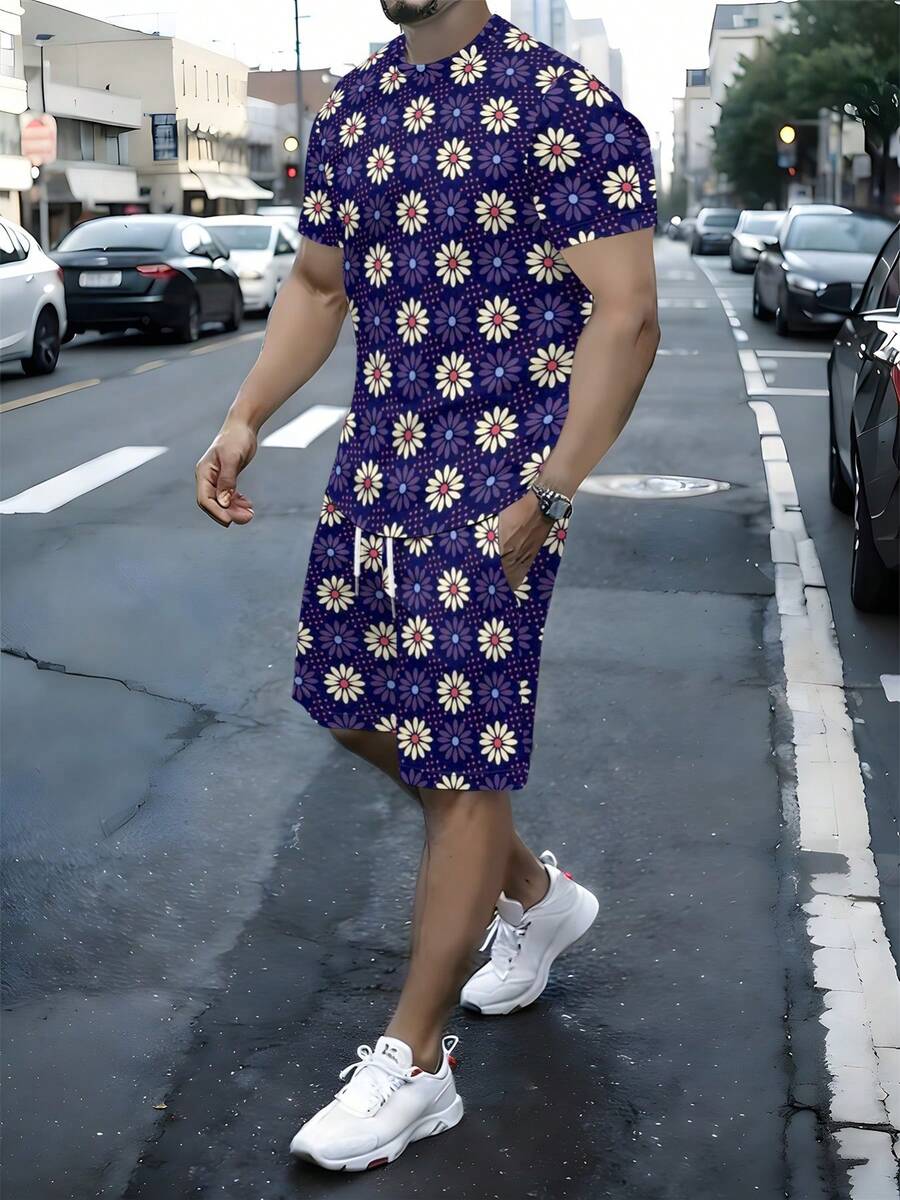 Understated Yet Stylish Purple Men's Athletic Short-Sleeved Beach Shorts Set With Daisy Print. Features Drawstring Details, Lightweight And Comfortable Polyester Fabric With Slight Stretch, Machine Washable Year-Round, Sporty And Casual Style. - 彩色 - 查看 1