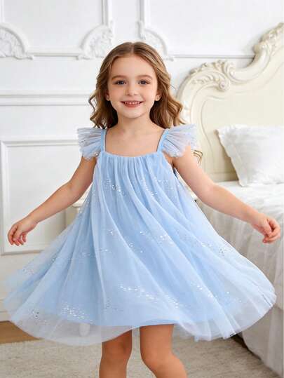 1pc Girls Elegant Luxurious Cute Lady Sweet Princess Bowknot Sparkling Sequin Big Tulle Tutu Dress, Party Dress, Birthday Gift, Holiday, Celebration, Suitable For All Seasons