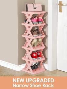 9/6 Tier Vertical Shoe Stand Space Saving Narrow Shoe Rack, Small Shoe Shelf, DIY Free Standing Shoes Storage Organizer For Entryway, Closet, Hallway, Easy Assembly And Stable In Structure, Black & White, Plastic Material, Consumables - 粉色升級版 - 查看 2