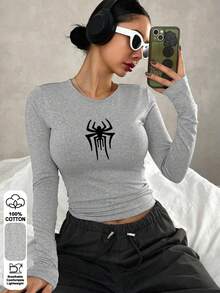 Áo thun nữ tay dài cổ tròn dáng suông đơn giản, họa tiết nhện đen tối giản, thích hợp mặc ở sân bay mùa thu/đông, thanh lịch và thời trang, phù hợp cho sân bay, kỳ nghỉ, hẹn hò, du lịch, mùa xuân, ngày Valentine. - xám- - Xem 7