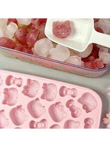 Sanrio Molde de silicona para cubitos de hielo con tapa de Hello Kitty - Diseño lindo de gato de dibujos animados y lazo, molde de hielo flexible DIY para hacer postres divertidos, cubitos de hielo rosas, adecuado para vacaciones y ocasiones especiales (el molde de hielo viene con pegatinas, se requiere pegarlas manualmente, patrón aleatorio, solo un patrón por caja)