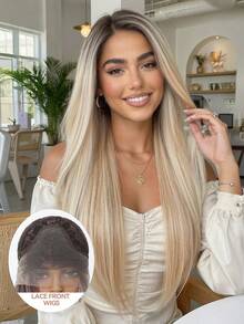 华丽银灰金色13x4高清蕾丝前假发，丝滑直发，自然发际线，耐热合成纤维，打造日常优雅造型，30英寸 - 彩色 - 查看 11