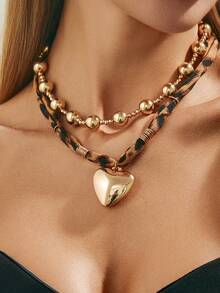 2pcs/Set Bohemian Style CCB Heart Pendant Leopard Print Necklace, Elegant Fashion For Party, Casual Daily Wear, Couple Date, Women's Birthday, Holiday, Versatile Jewelry Gift - Necklace - View 3