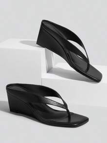 Athlefit Women's Low Wedge Sandals  Dressy Square Open Toe Summer Beach Flip Flops Thong Heeled Sandals - Black - View 6