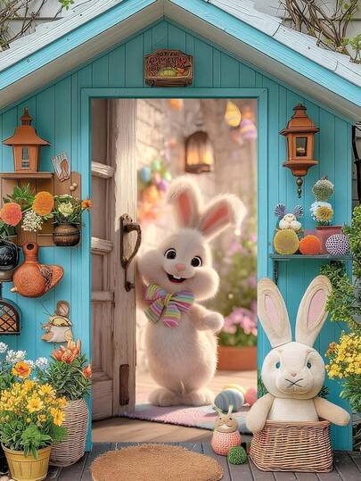 1件彩色复活节兔子和花卉图案门饰，鲜艳卡通风格涤纶长方形门饰，带有3D兔子细节和蝴蝶装饰，户外花园节日，复活节门廊家居装饰。