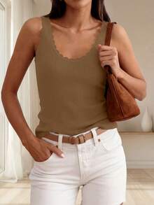 Womens Summer Sleeveless Tank Tops V Neck Ruffle Lightweight Ribbed Knit Shirt Casual Going Out Top - 卡其色 - 查看 2