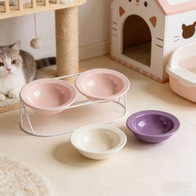 Ceramic Slanted Dual Bowls Cat Bowl, Raised To Prevent Neck Strain And Spilling, For Cats And Dogs