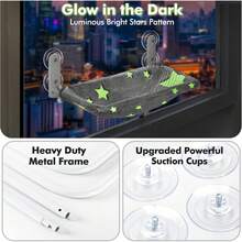 Cat Window Perch, Glow In The Dark Cordless Foldable Pet Hammock Bed For Window With Sturdy Metal Frame, Glowing Stars Pattern Resting Seat For Indoor Cats - 2件套星星 - M - 查看 3