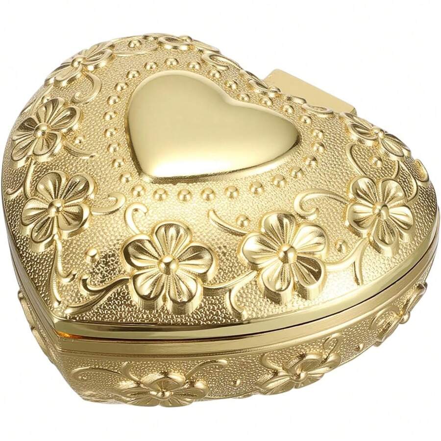 In Stock Instant Delivery Hipiwe Vintage Heart Shape Jewelry Box - Small Antique Ring/Earrings/Necklace Storage Organizer, Metal Chest Trinket Keepsake Box Women FPXX - 心形,金色 - 查看 1